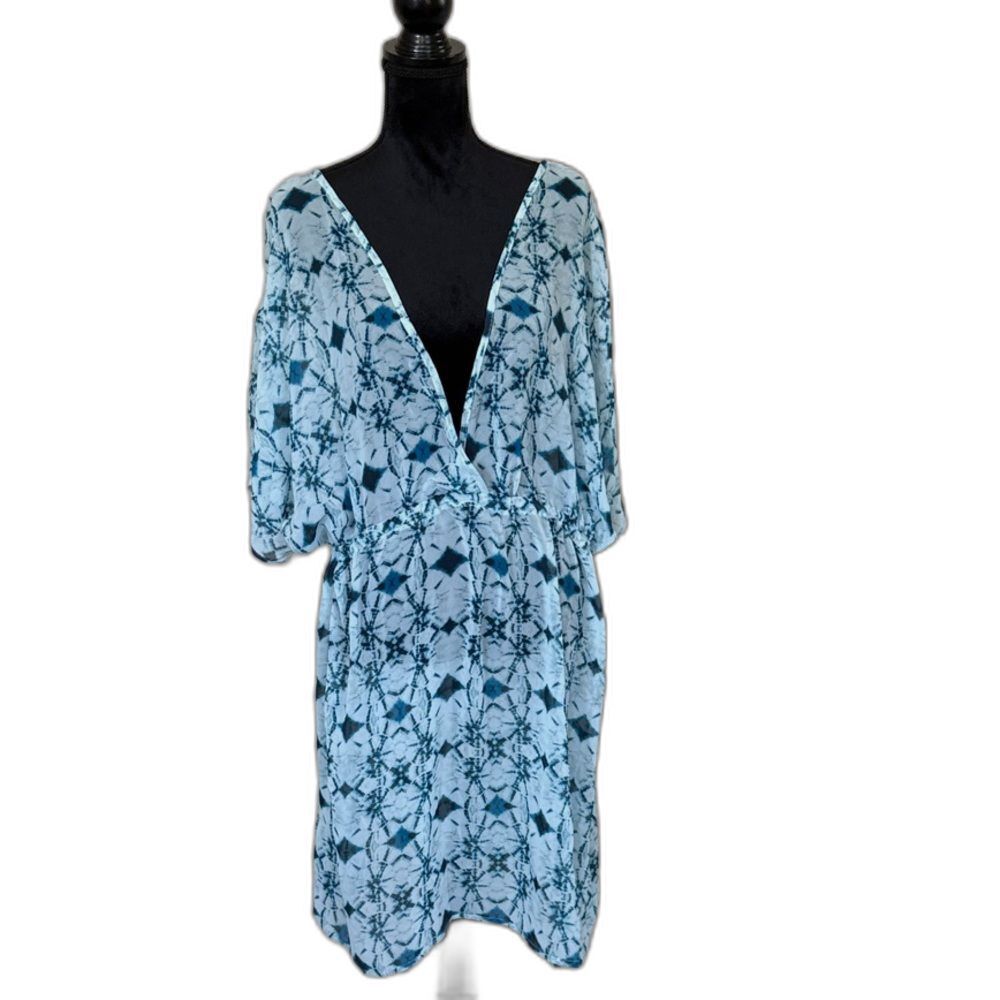 Pacific Beach Teal Geometric Sheer Swim Cover Up Dress 2X V Neck - Elastic Waist